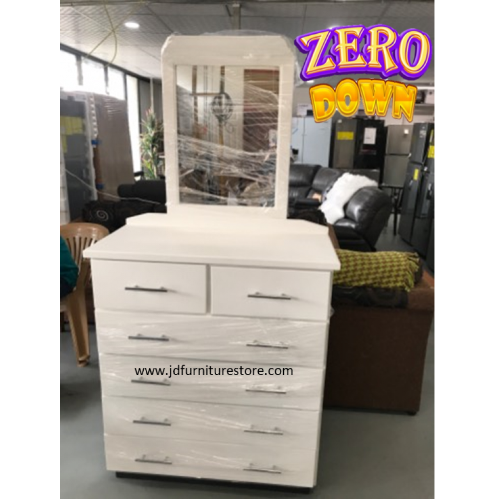 CHEST OF DRAWERS- WHITE W/MIRROR 6 DRAWERS W/SILVER HANDLES