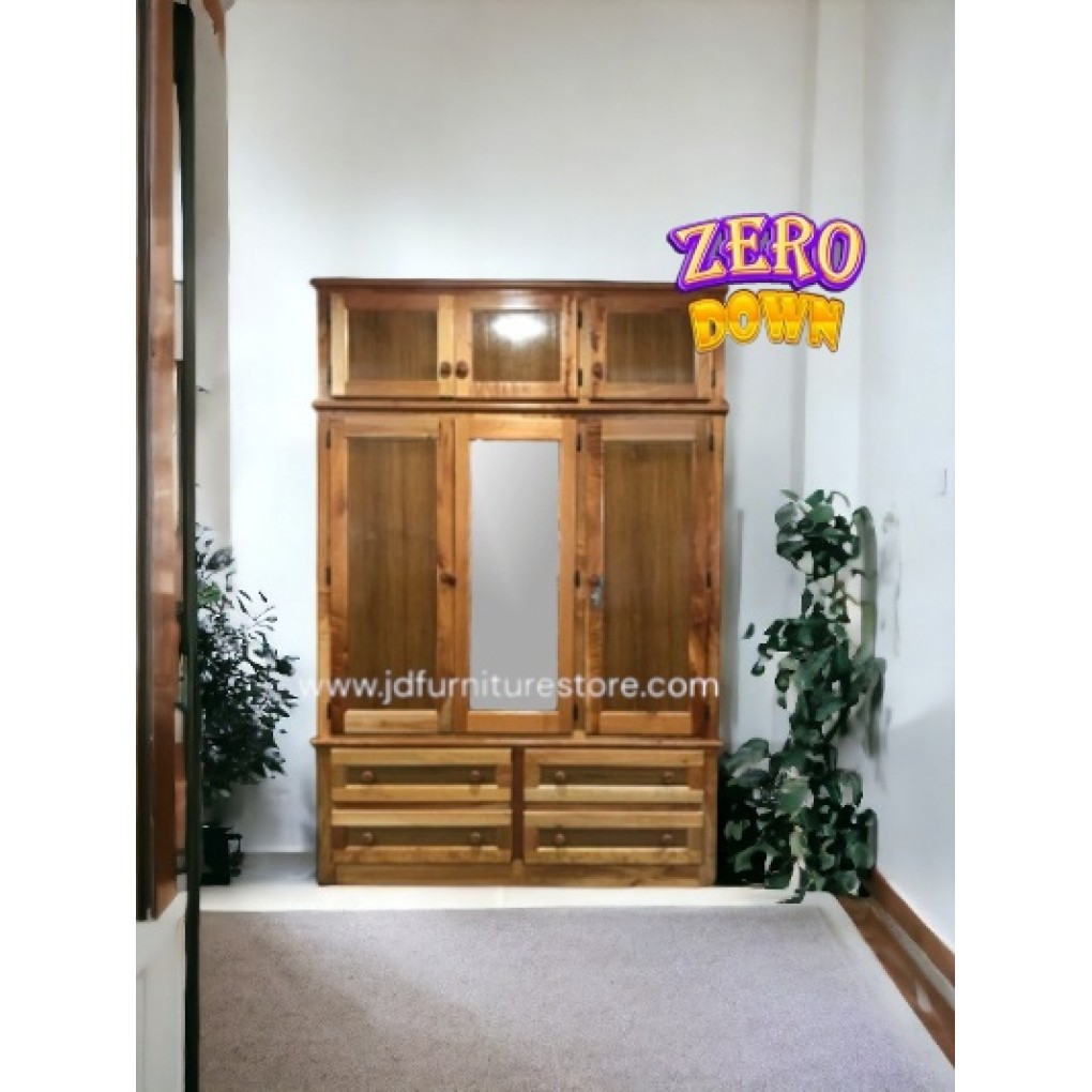 WARDROBE- 3 DOOR CEDAR W/CUPBOARD ON TOP 4 DRAWERS BELOW 1 MIRROR (1 DOOR WITH SHELVES)