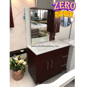 BATHROOM VANITY- BROWN 2 DRAWERS 2 CUPBOARDS W/ WHITE SINK & MIRROR