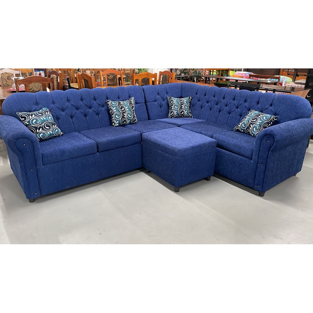 Blue Sectional Living room Set with Pouffee and Throw Pillows 