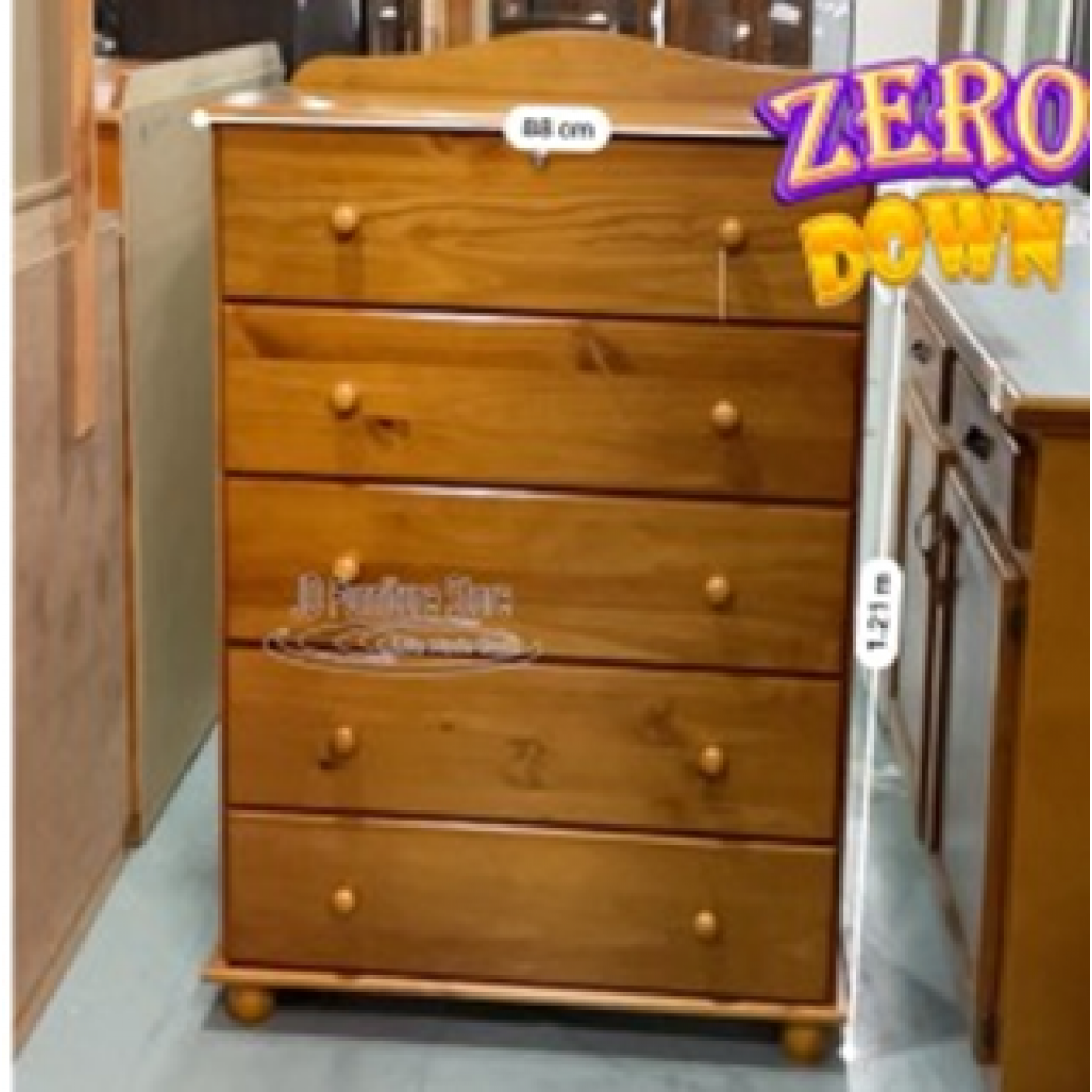 CHEST OF DRAWERS- SOLID WOOD TEAK STAIN 5 DRAWERS NO MIRROR. INCLUDES LOCK, sliders