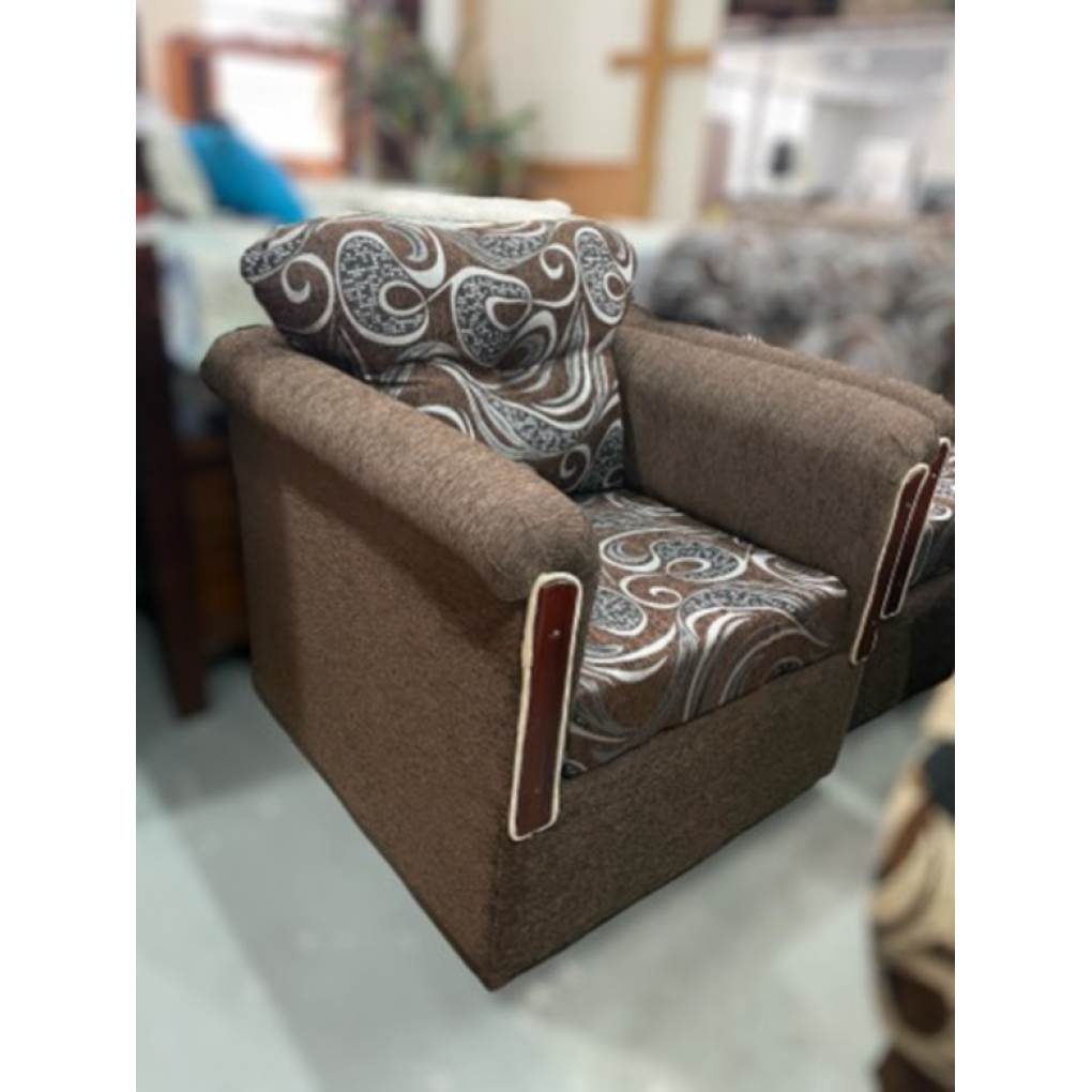 LIVING ROOM SET- 3 PC CUTIE LIGHT BROWN W/ DARK BROWN CUSHIONS W/SWIRL DESIGN l