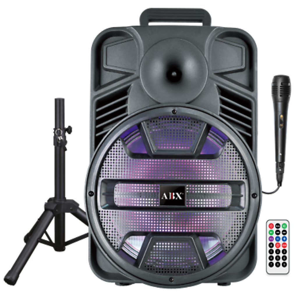 AUDIOJBOX WAVE NC
 waresync Bluetooth
 3000W
 
 FLASHING 
 LED LIGHTS
 12-INCH
 WOOFER
 5 HOUR
 BATTERY INCLUDES MIC & TRIPOD
 WITH USB & TF / FM RADIO