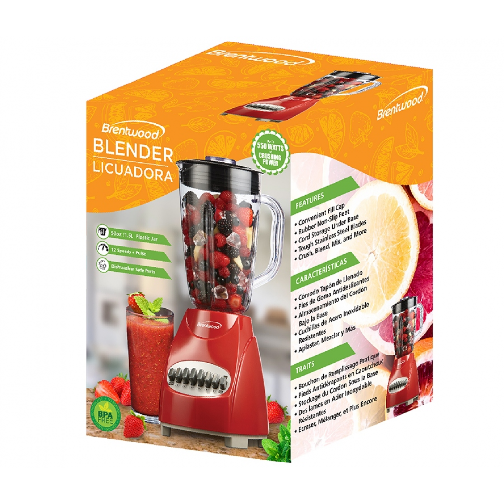 BLENDER- BRENTWOOD RED 12 SPEED 350W MOTOR GLASS JAR