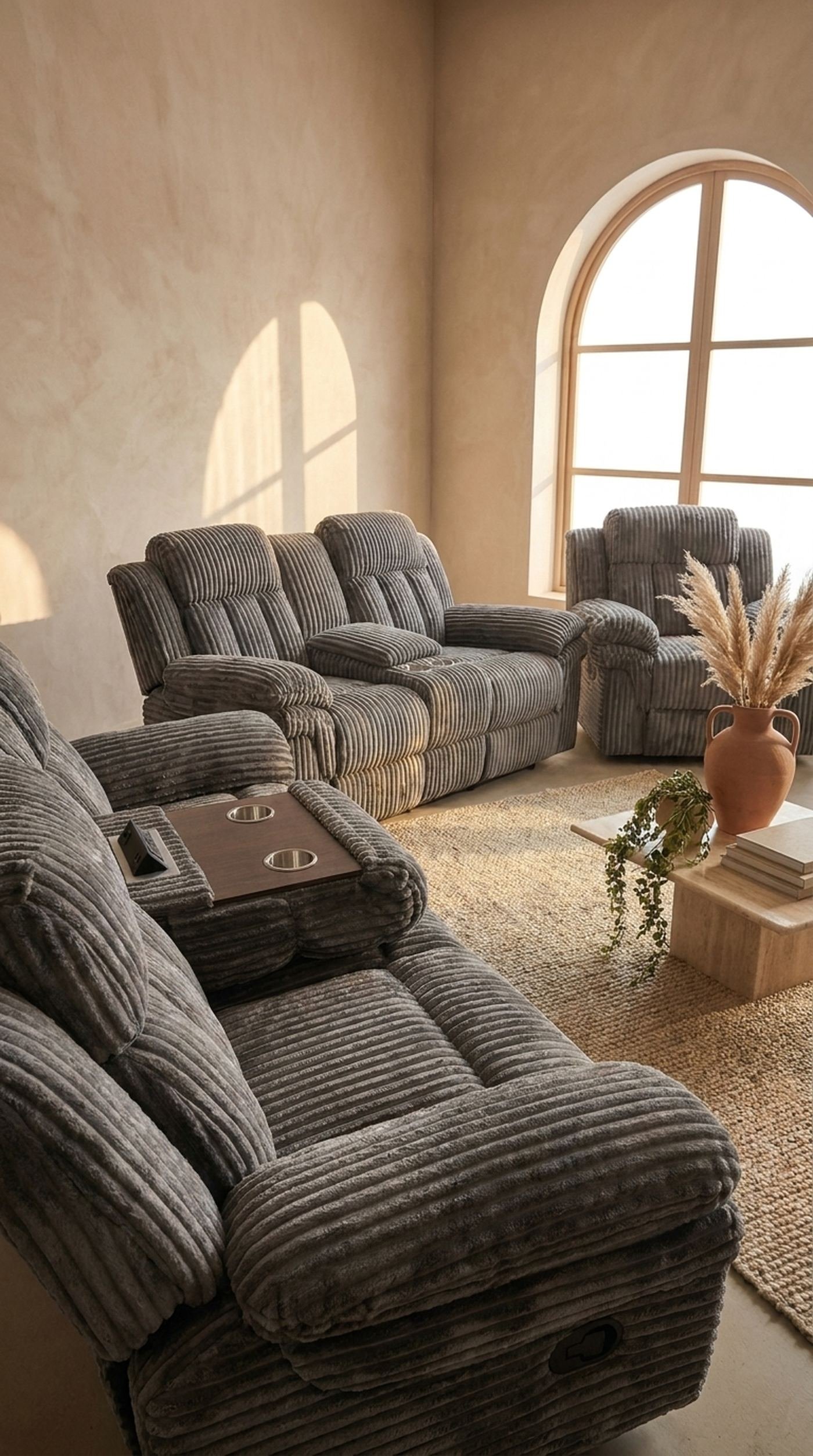 Curved recliner living room set