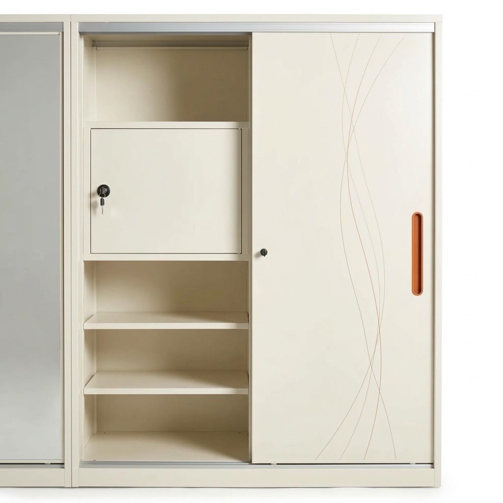 METAL WARDROBE THREE DOOR SLIDING 1 FULL SIZE MIRROR WHITE WITH GOLD SWIRLS