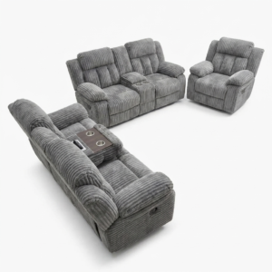 LIVING ROOM SET- GREY 3 PC RECLINER SET W/DRAWER TABLE W/POWER USB & LED LIGHTS (3,2,1)